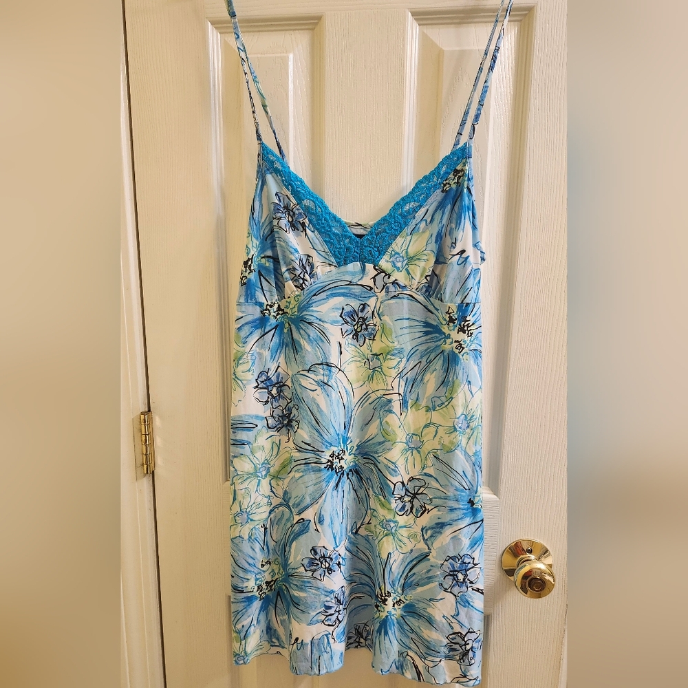Floral Slip Dress Chemise Nightgown Aqua Blue Lace Trim Size Large